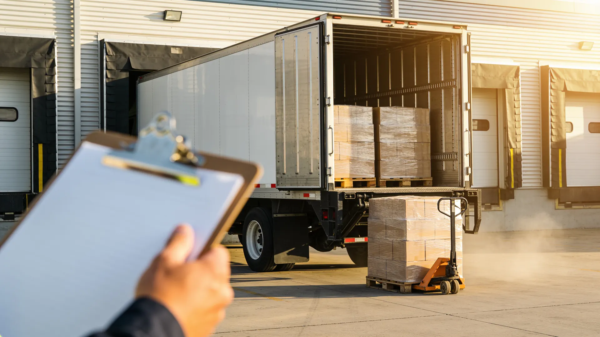 A clipboard at a loading dock while a trailer is unloaded