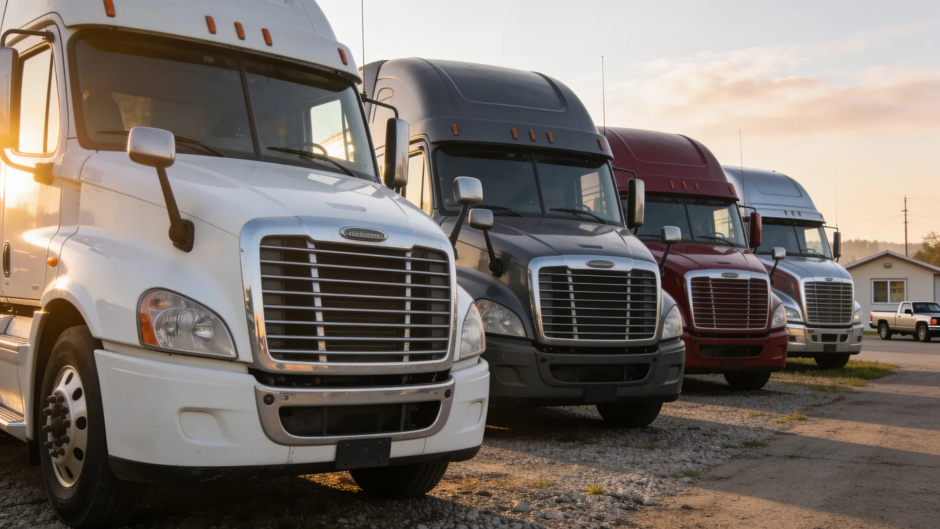 Four trucks parked side by side at a small carrier’s yard at sunrise