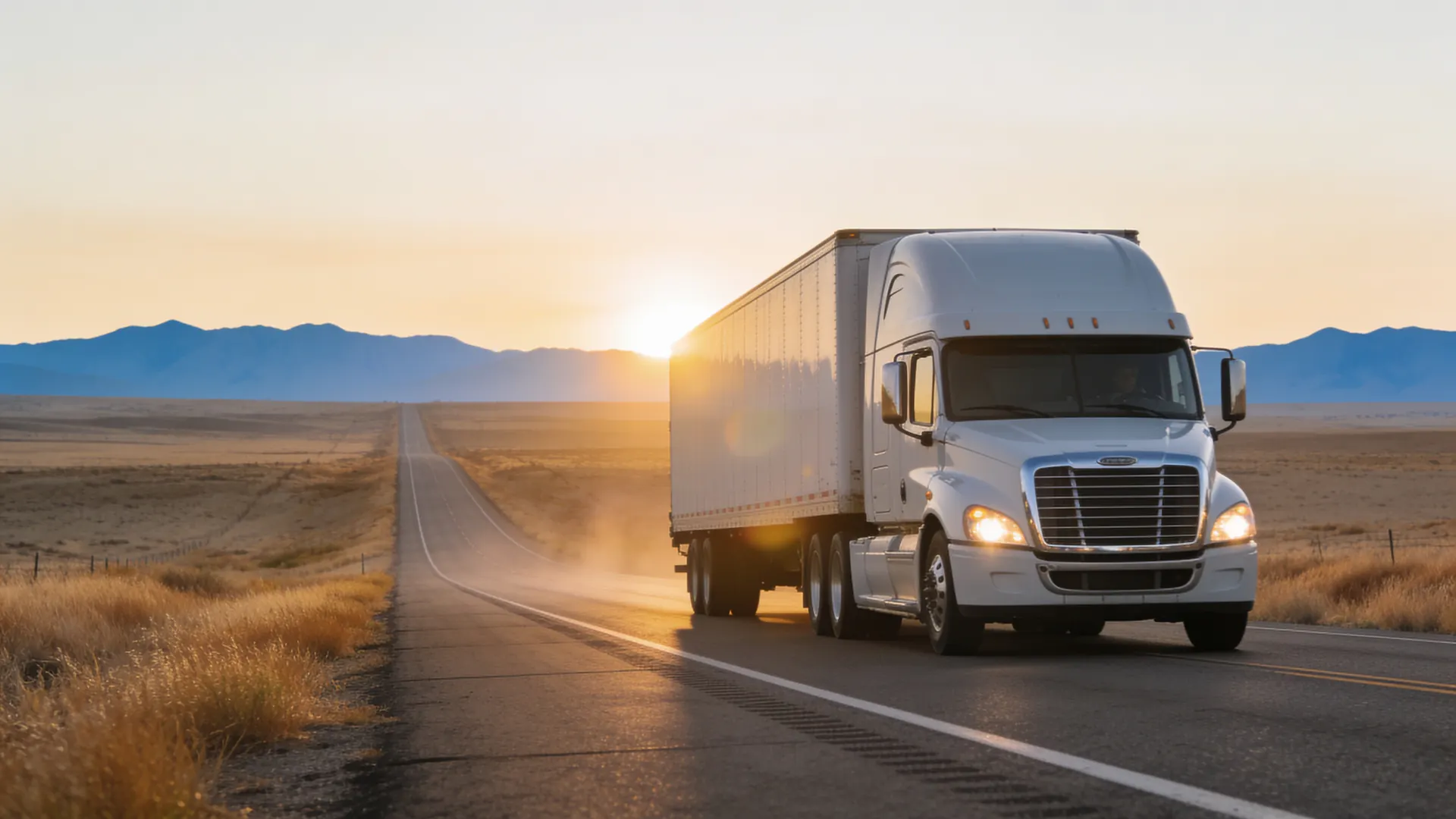 A white semi truck driving down an empty highway at sunrise