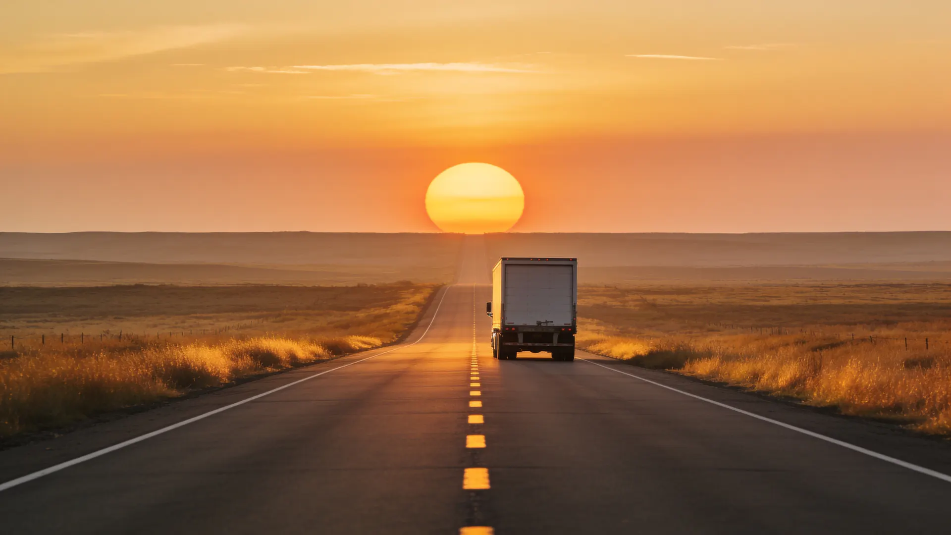 A truck driving toward the setting sun on a straight highway